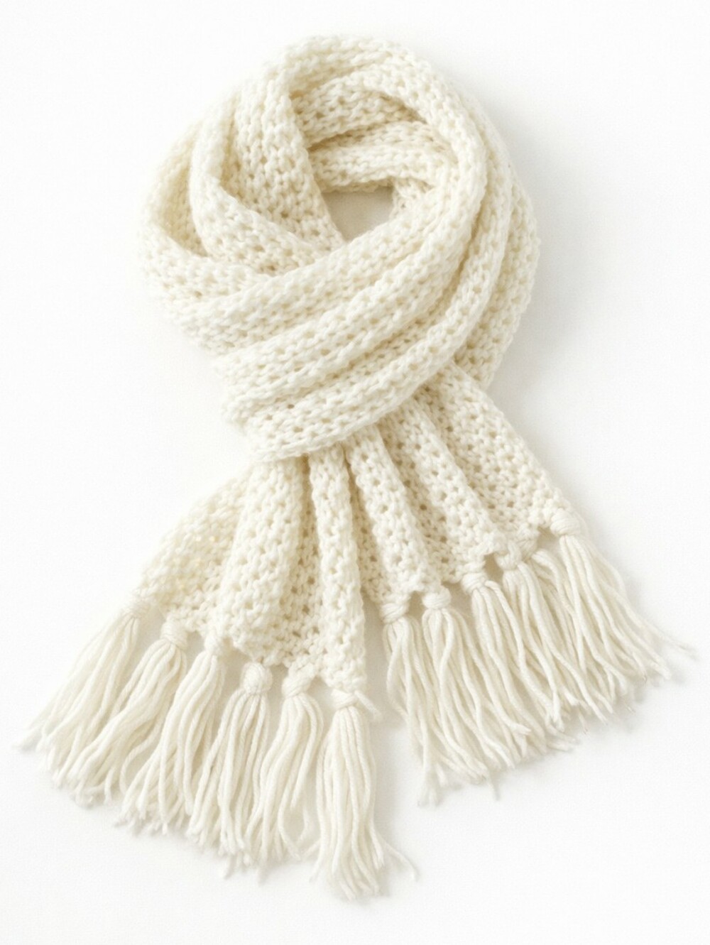 Vintage White Crochet Scarf • Handmade Knit Fringe Cozy Cottagecore Grannycore